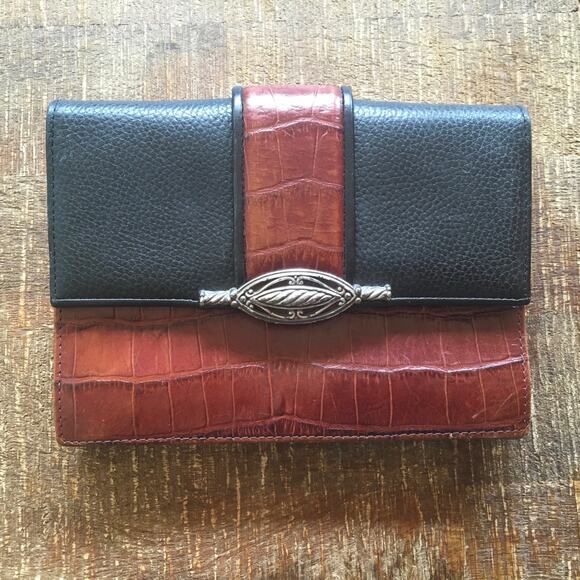 Brighton Clutch Wallet Organizer Croc Embossed Leather Vintage Retired Brown - Picture 1 of 11